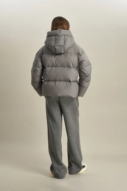 Iliana Gray Belted Hooded White Duck Down Jacket in Ultra Light Fabric