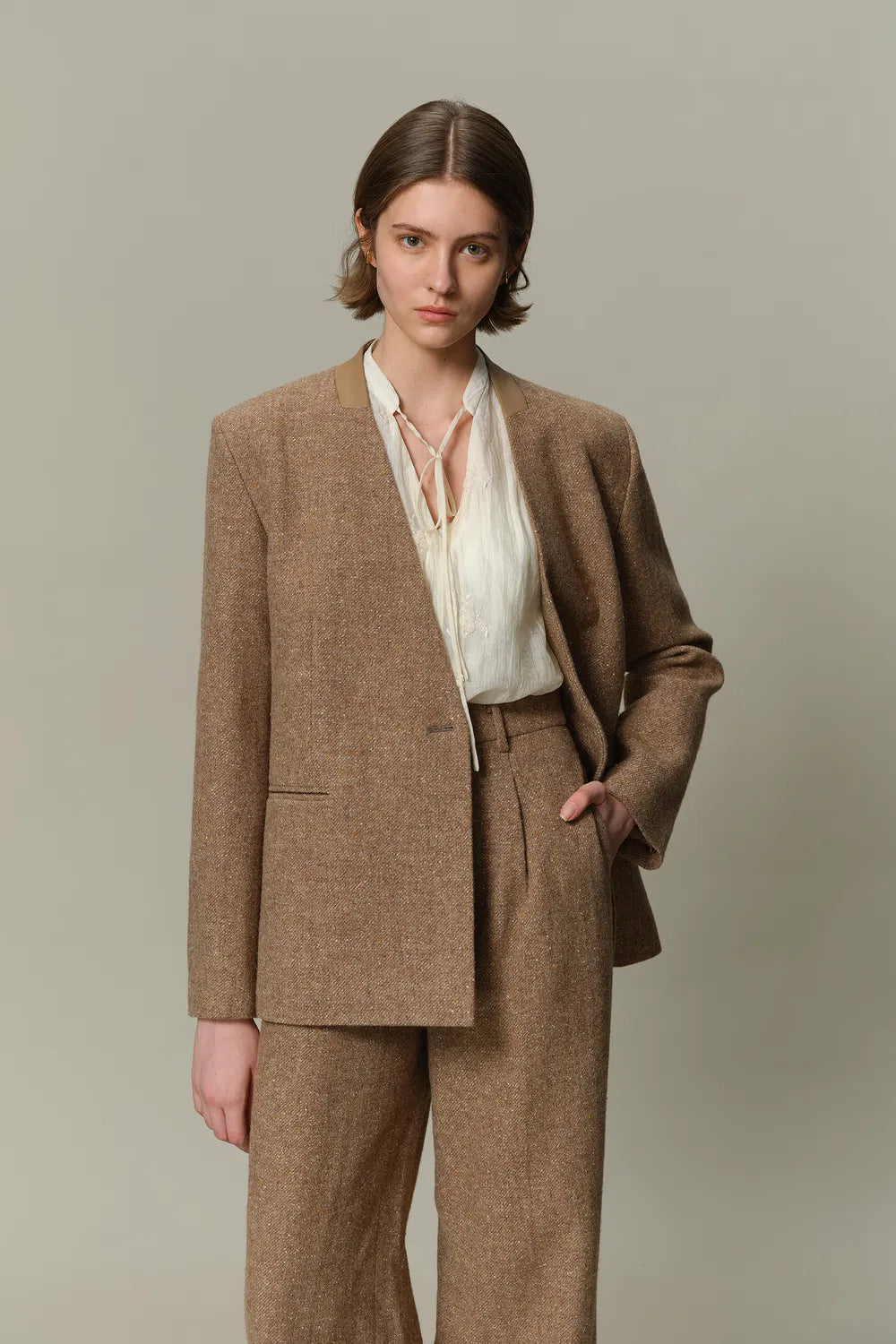 Eleanor Double Breasted Blazer in Flecked Wool Twill