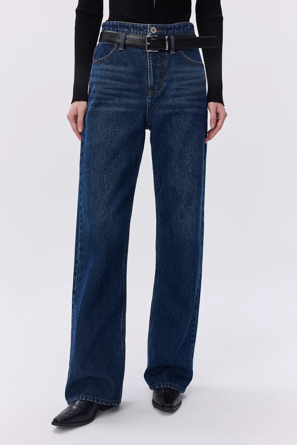 Crisp Removable Belt Straight Jeans in Washed Cotton Denim