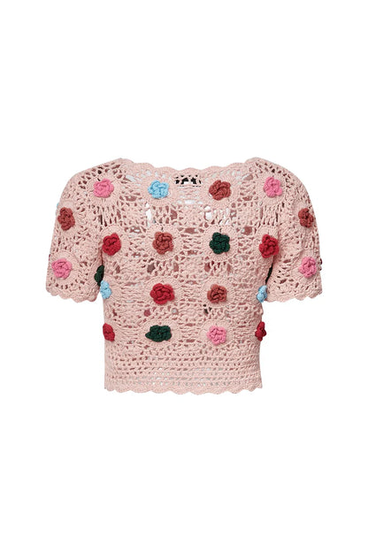 Alice Handcrafted Crochet Flower Knit Top in Cotton