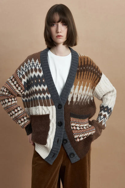 Faye Fair Isle Mixed Yarn Cardigan in Chunky Merino Wool Knit