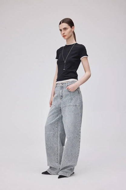 Eliana Textured Patchwork Jeans in Jacquard Washed Denim