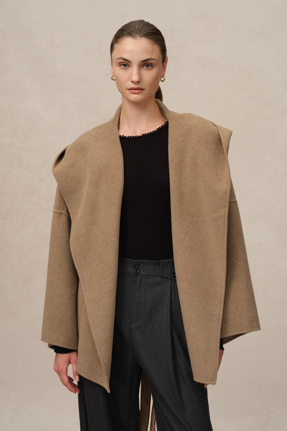 Lanza Handcrafted Hooded Double-Faced Coat in Camel Hair Blend