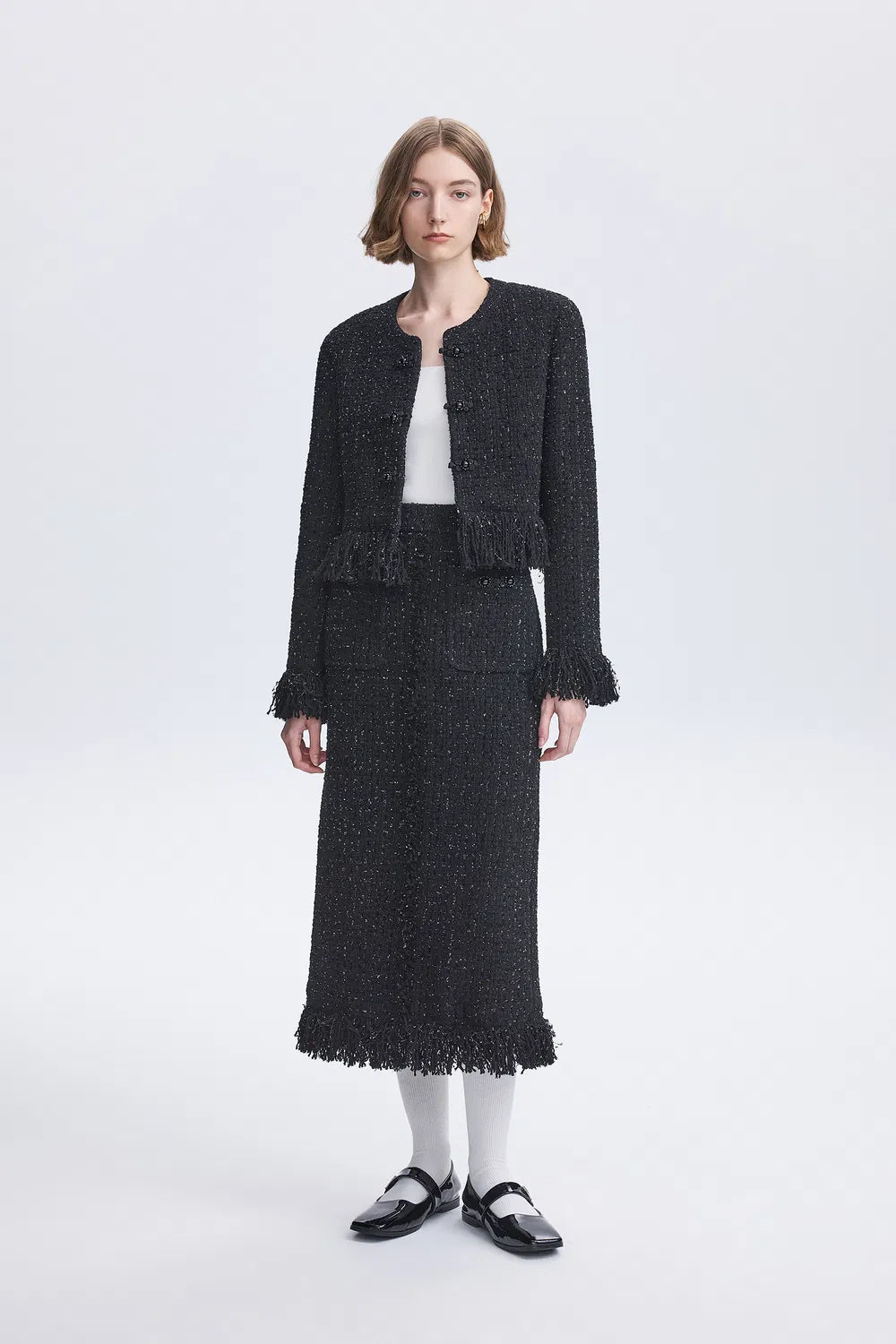 Violette Handcrafted Fringe Jacket in Lambswool Lurex Tweed