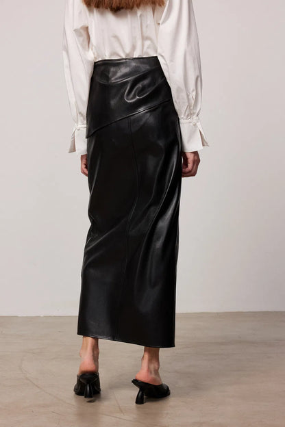 Leona Pleated Slit Skirt in Vegan Leather