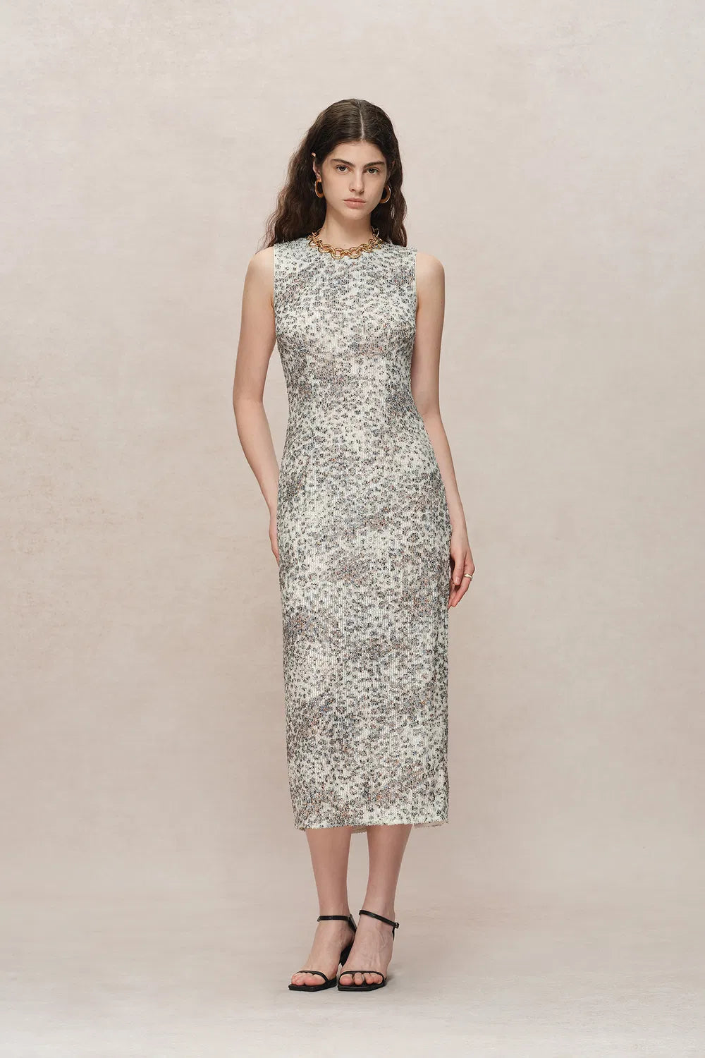 Leopard Handstitched Sequin Midi Dress in Stretch Sequin Mesh