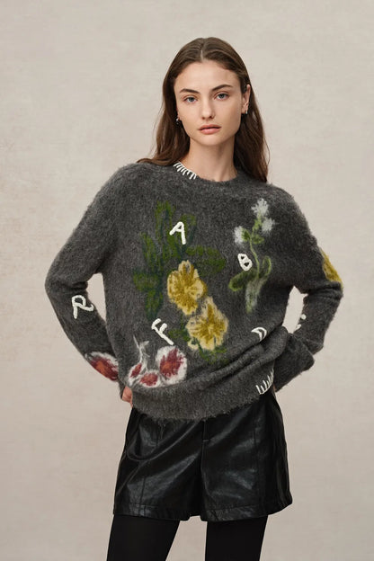 Cyclamen Jacquard Pullover in Baby Alpaca Blend Knit