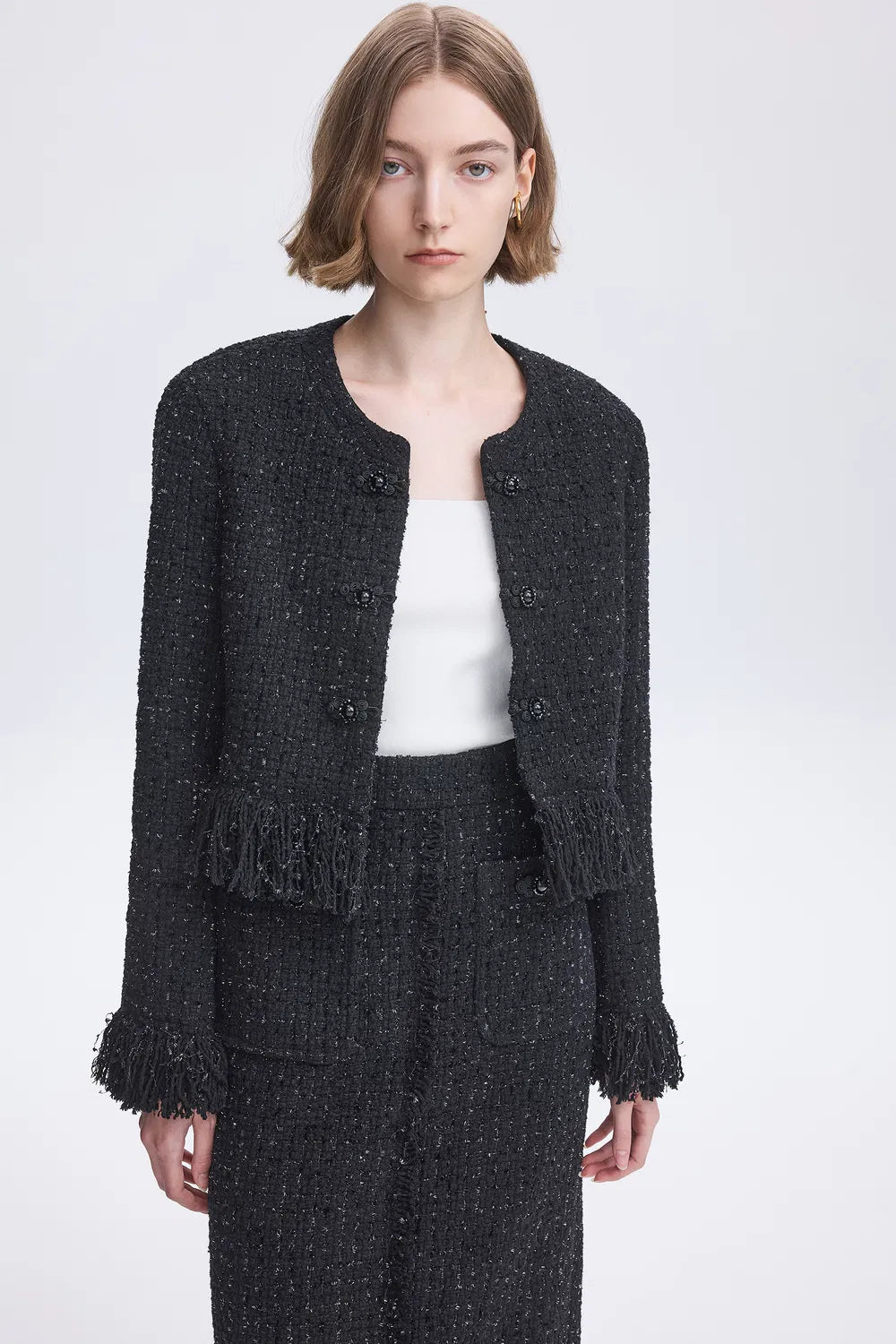 Violette Handcrafted Fringe Jacket in Lambswool Lurex Tweed