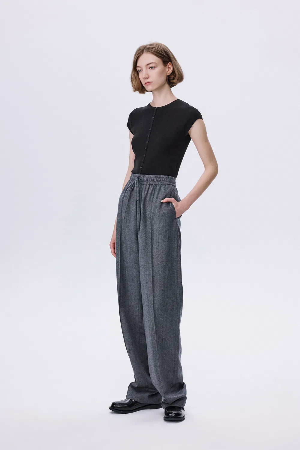 Constantine Front Tie Relaxed Fit Pants in Wool Herringbone