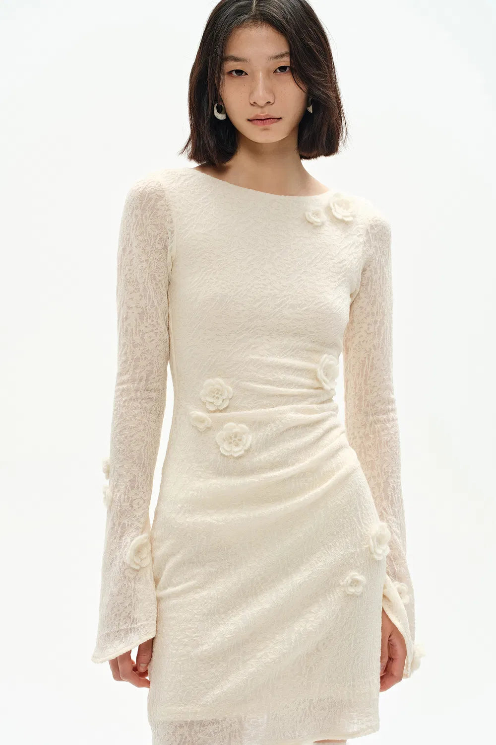 Esme Hand Crocheted Long Sleeved Short Dress in Merino Wool Blend