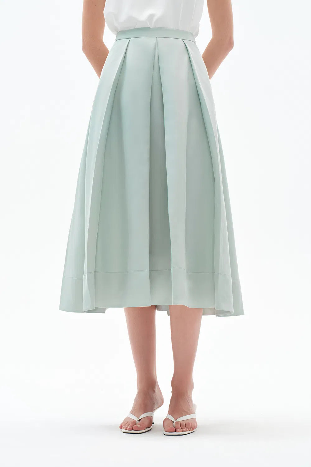 Cici A Line Pleated Flare Skirt in Crystal Flow Satin