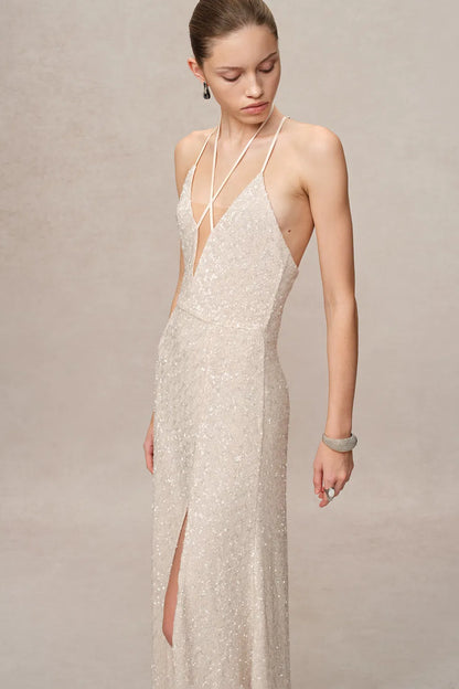 Anita Handcrafted Embellishment Slit Slip Dress in Crystal Sequin Lace