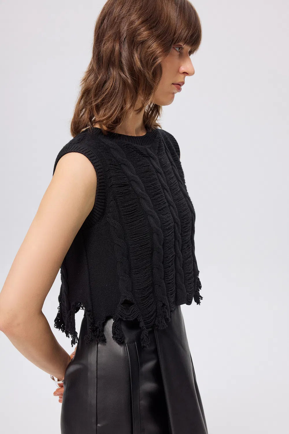 Chelsea Hand-frayed Hem Sleeveless Top in Wool Blend Knit