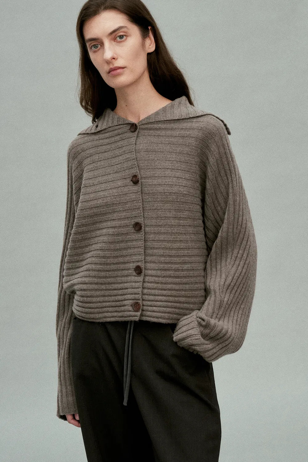 Charlotte Turtleneck Ribbed Knit Cardigan in Merino Wool-Cashmere