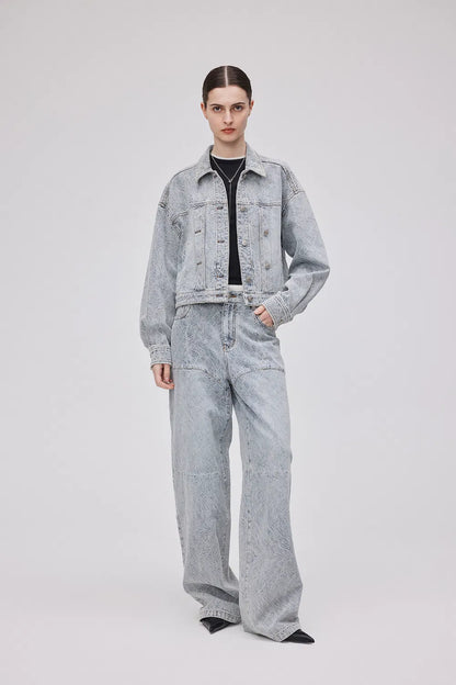 Ainsley Textured Cropped Jacket in Washed Jacquard Denim