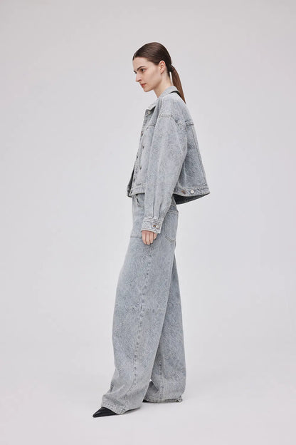 Ainsley Textured Cropped Jacket in Washed Jacquard Denim