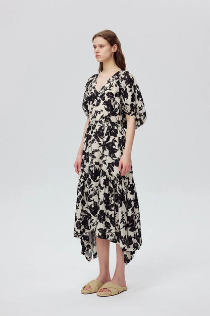 Milla Asymmetric Hem Flora Printed Dress in Tencel Linen Blend