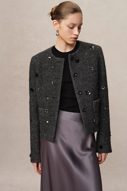 Frenchy Hand-Beaded Sequined Short Jacket in Wool Bouclé Twill