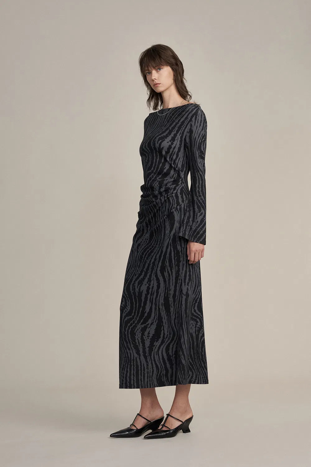 Elise Boat Neck Pleated Dress in High-Stretch Knit