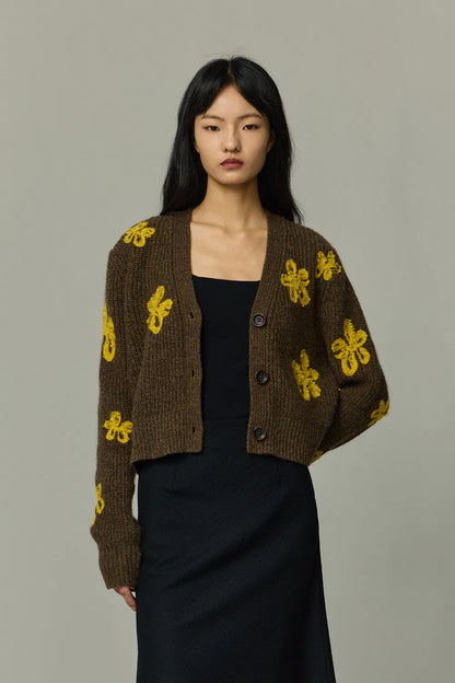 Flores Jacquard Cardigan in Tibetan Yak Down Knit