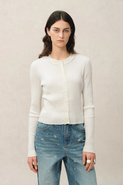 Niki White Cardigan in Lyocell-Triacetate Knit