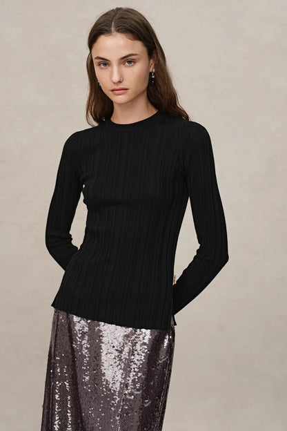 Cara Side Slit Long Sleeve Fitted Top in Merino Wool Yang Yarn Knit