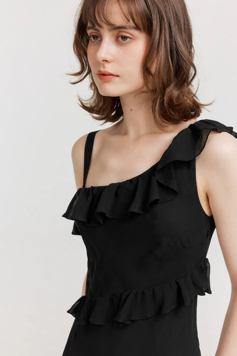 Calla Asymmetrical Ruffle Dress in Georgette Silk