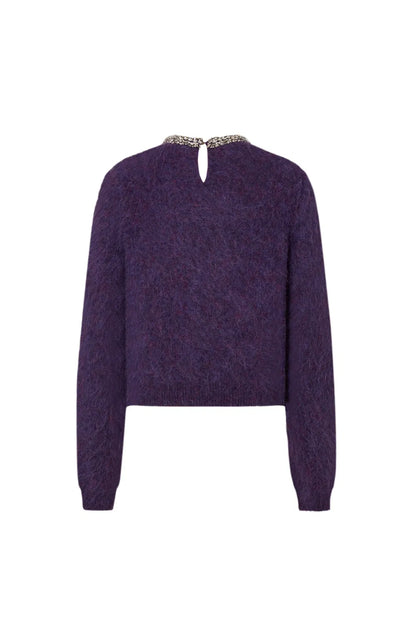 Violet Hand Sewn Crystal Stand Collar Sweater in Alpaca-Mohair Knit