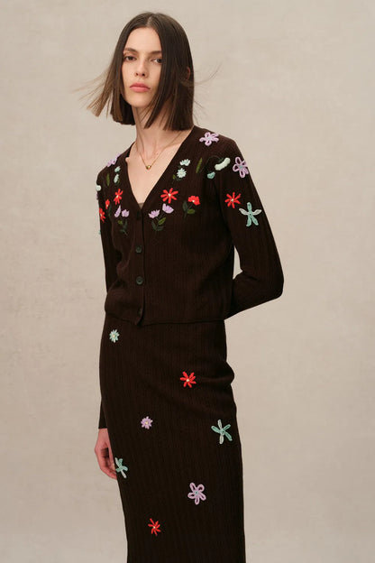 Christabel Floral Fitted Cardigan in Merino Wool Knit