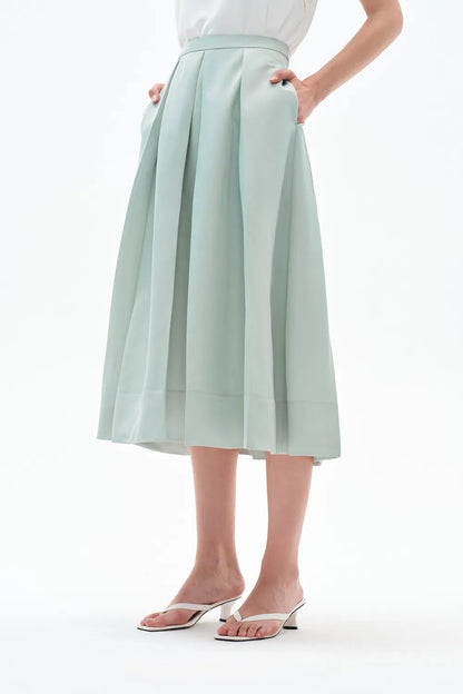 Cici A Line Pleated Flare Skirt in Crystal Flow Satin