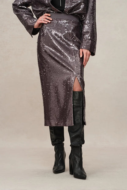 Layering Slit Midi Skirt in Shimmering Mermaid Sequins