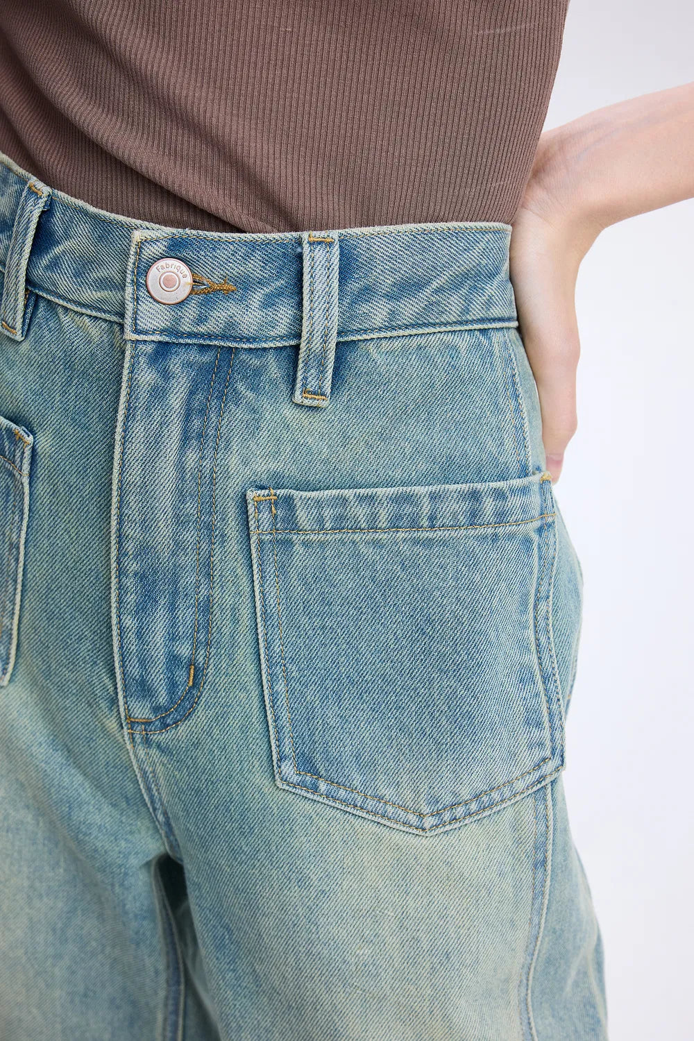 Cheer Patch Pocket Wide Leg Jeans in Washed Cotton Denim