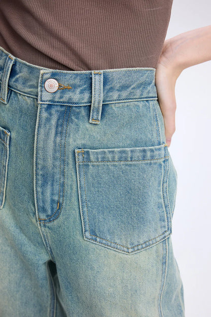 Cheer Patch Pocket Wide Leg Jeans in Washed Cotton Denim