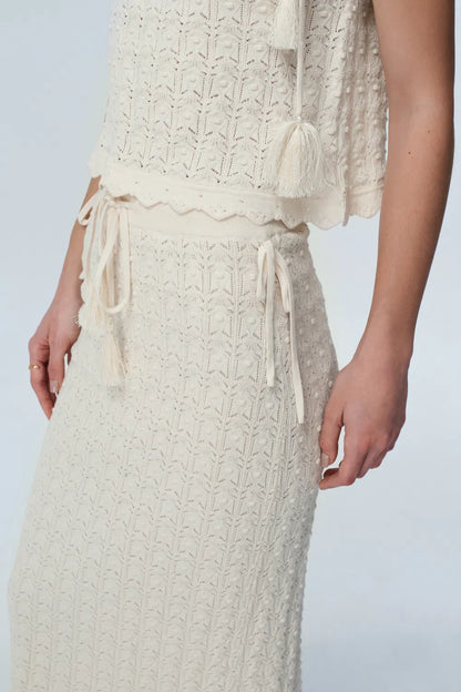 Klose Fringe Tie Up Knit Skirt in Cotton