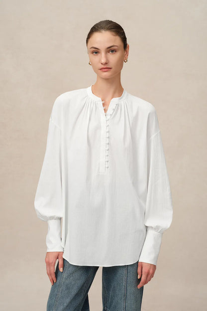 Lila Stand Collar Blouse in Tencel-Cotton