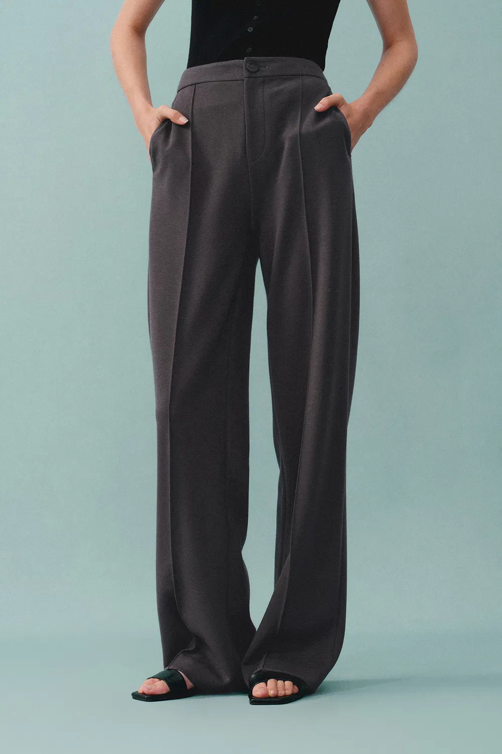 Domi Dark Grey Buttoned Straight Leg Sweatpants in Tencel-Wool Blend