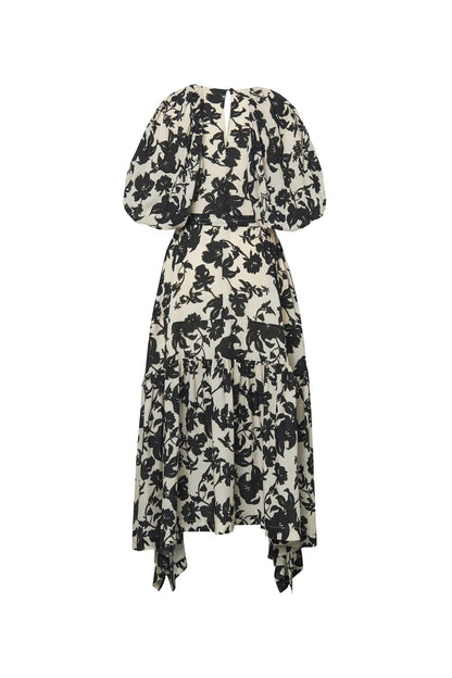 Milla Asymmetric Hem Flora Printed Dress in Tencel Linen Blend