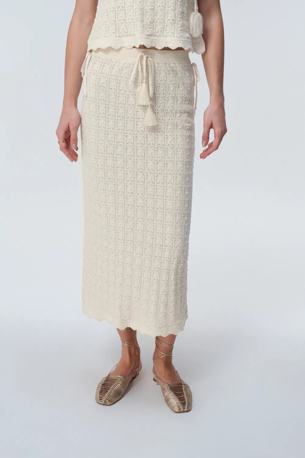 Klose Fringe Tie Up Knit Skirt in Cotton