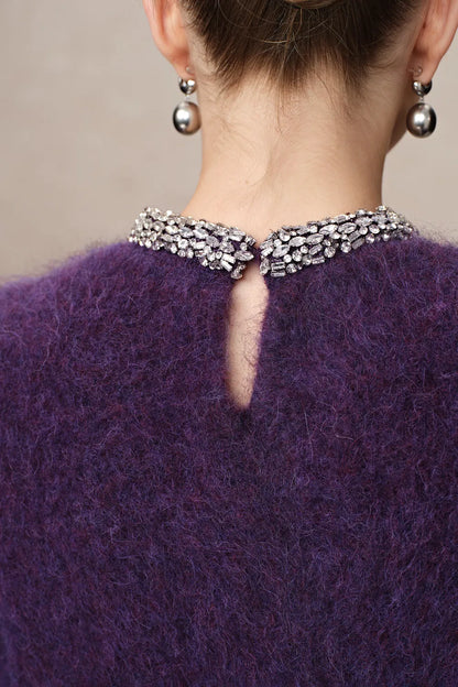 Violet Hand Sewn Crystal Stand Collar Sweater in Alpaca-Mohair Knit