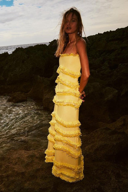 Edwina Straplez Püsküllü Polyester Maxi Elbise