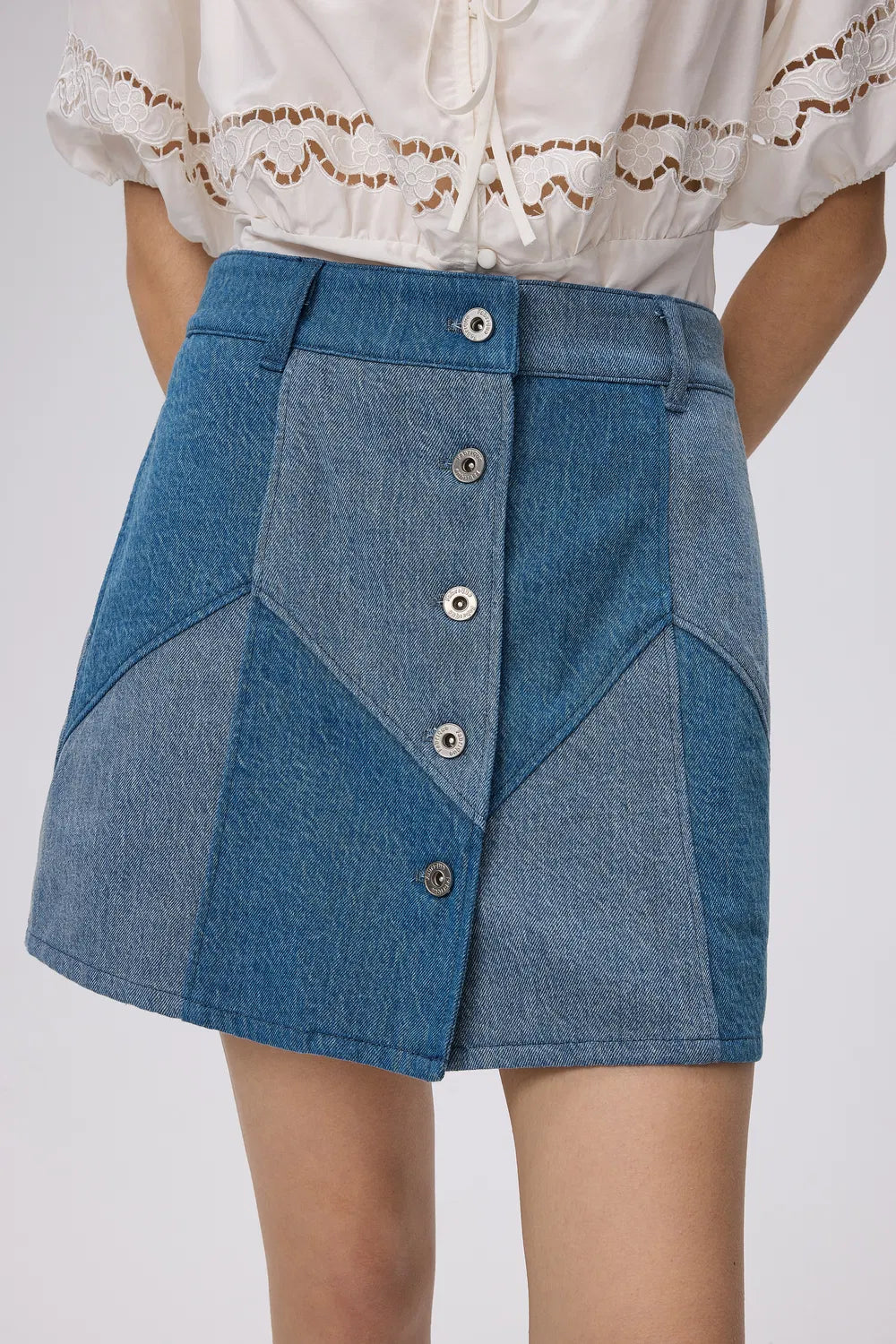 Angie Colorblock Denim Skirt in Tencel Lyocell Blend