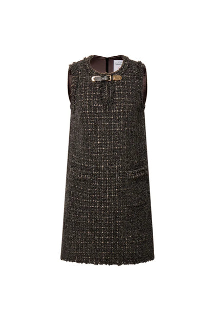 Althea Hand Applied Fringe Floral Dress in Wool Tweed with Metallic Threads