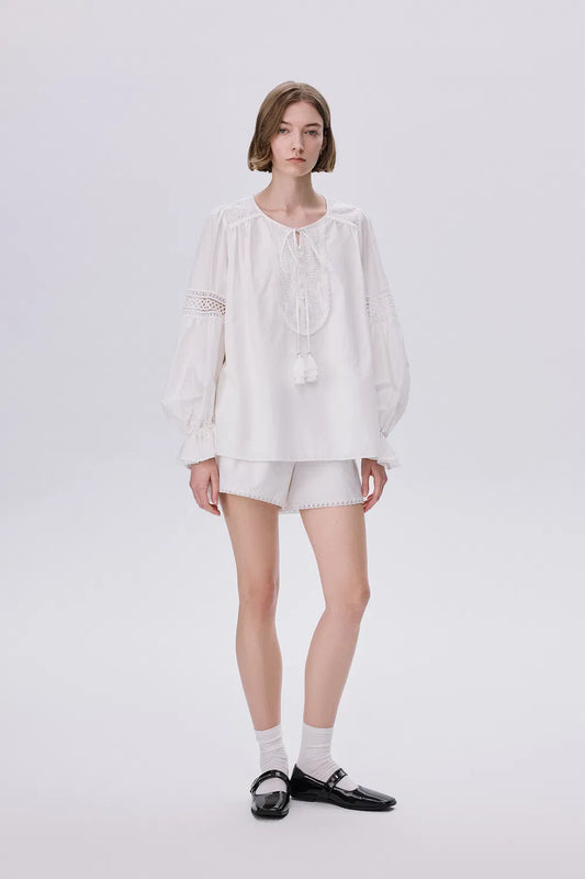 Bea Embroidered Blouse and Shorts Set in Silk Cotton Blend