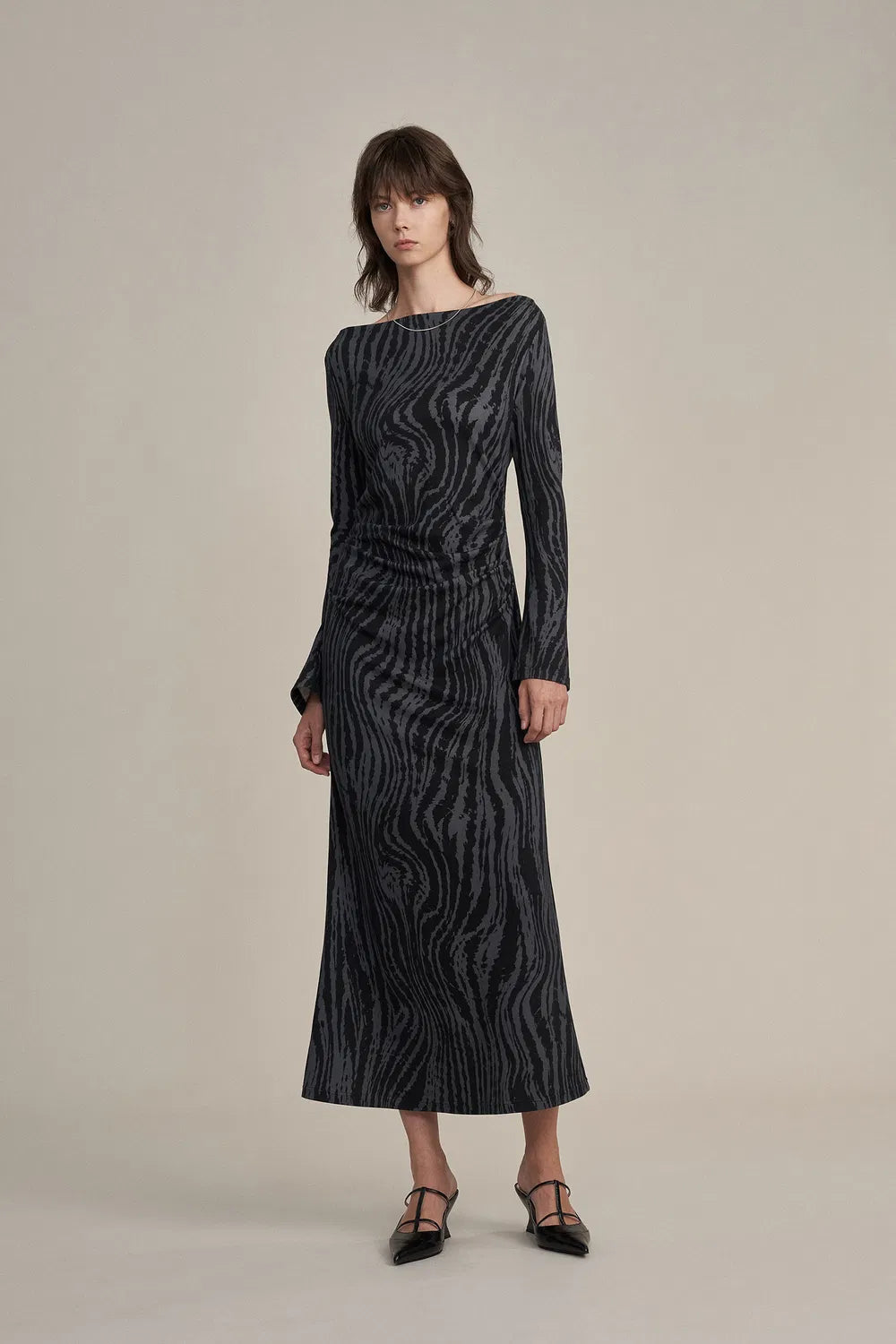 Elise Boat Neck Pleated Dress in High-Stretch Knit