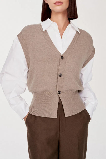 Delia V-Neck Vest in Wool-Cotton Blend