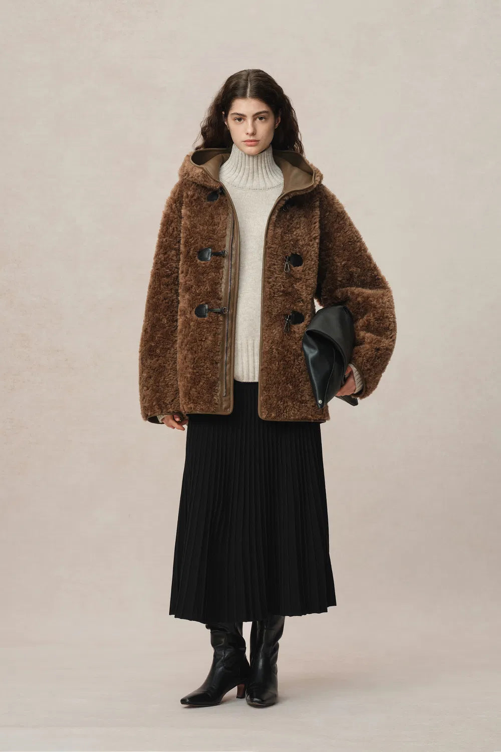 Clémence Shearling Hooded Coat in Vegan Leather and Wool Blend