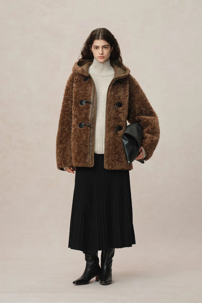 Clémence Shearling Hooded Coat in Vegan Leather and Wool Blend