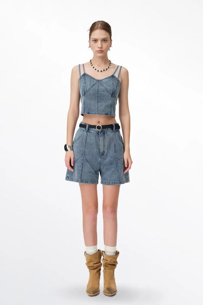 Zoe Duo Strap Patchwork Top in Tencel Lyocell Denim