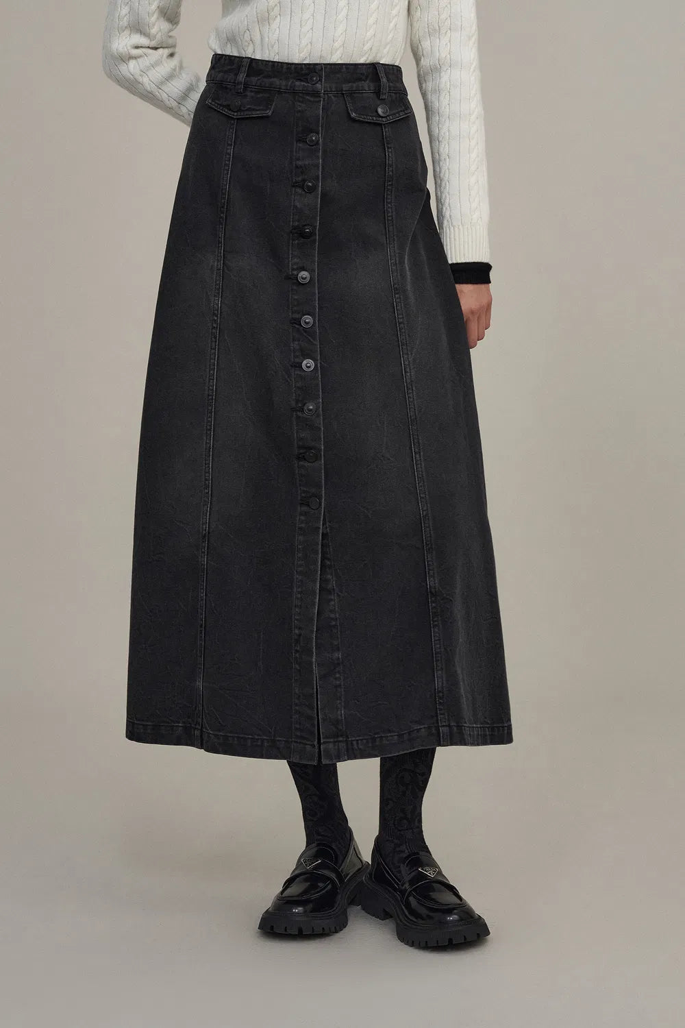 Corrine Midi Skirt in Washed Cotton Denim