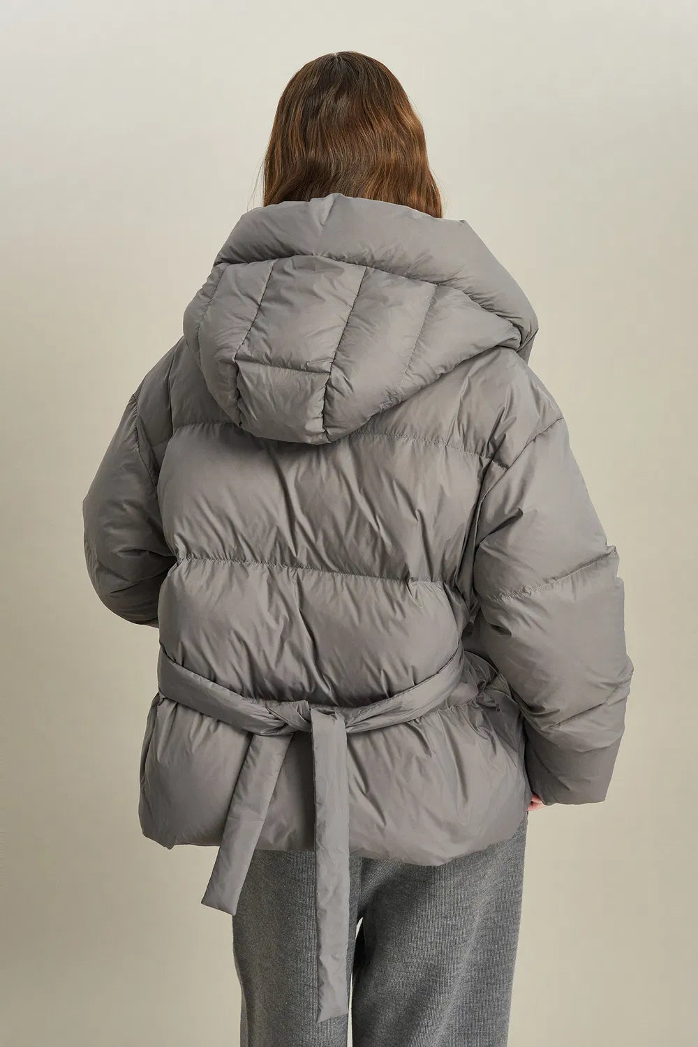 Iliana Gray Belted Hooded White Duck Down Jacket in Ultra Light Fabric